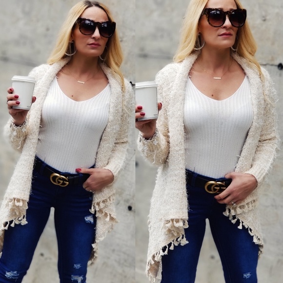 . Sweaters - WATERFALL FRONT FUZZY COZY CARDIGAN GOLD- CREAM